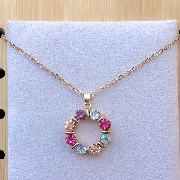 Jewelry - Rose, Champagne, Amethyst +Aurora Borealis Gold Crystal Circle Pendant Necklace